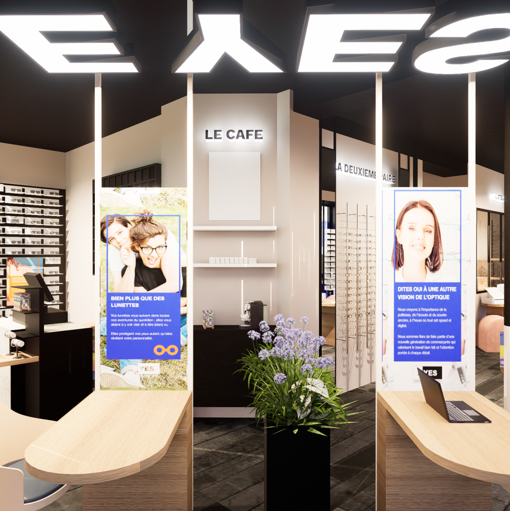 Re modeling de la franchise d'opticien Eyes. Projet de création de concept architectural dans le respect des codes de la marque existante. Franchise, Opticien, Experience client