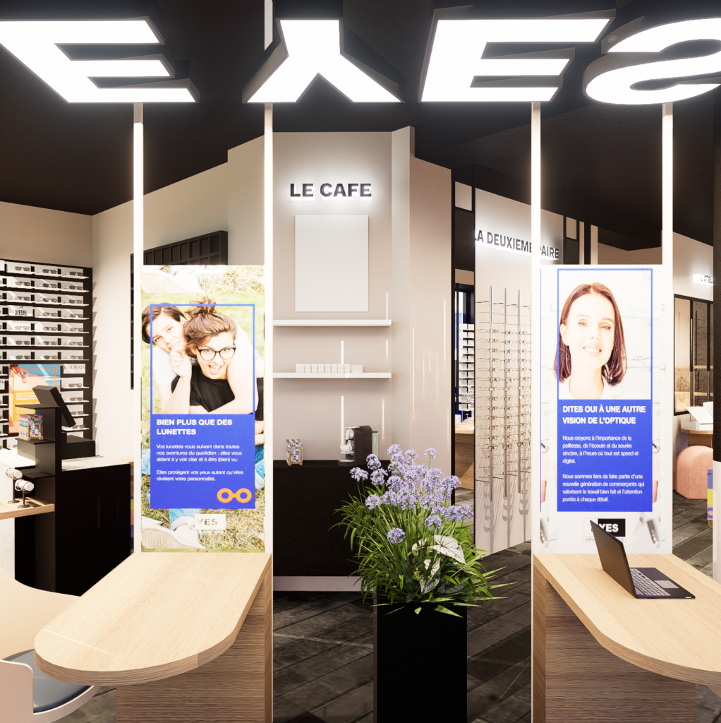 Re modeling de la franchise d'opticien Eyes. Projet de création de concept architectural dans le respect des codes de la marque existante. Franchise, Opticien, Experience client